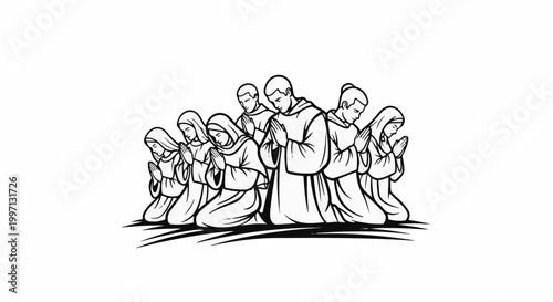 A group of individuals in robes are kneeling together in prayer