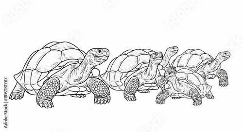 A group of large tortoises walk together in a line