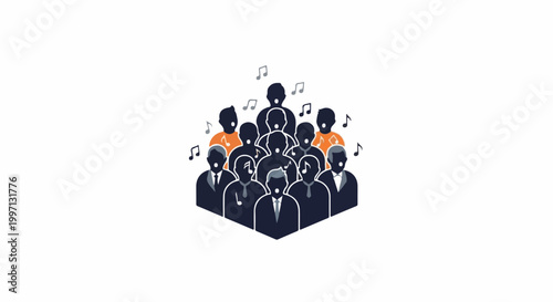 A group of people in silhouette form, with musical notes above them