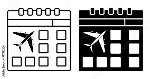 Linear icon. Calendar, schedule of flights and air transportation. Simple black and white vector symbol isolated on white background