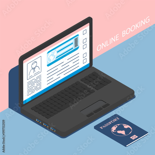 Isometric laptop with online website for booking airline tickets and purchasing travel packages. Cartoon 3D vector on blue background