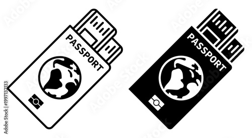 Linear icon. Foreign traveler passport with purchased tickets. Simple black and white vector symbol isolated on white background