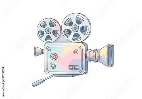 Vintage film camera with pastel watercolor accents and a tripod mount