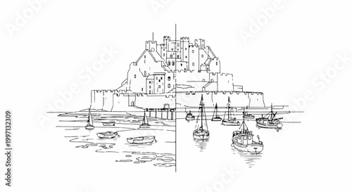 A detailed sketch of a fortified castle on a rocky outcrop surrounded by calm water with sailboats