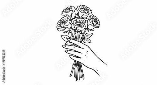 A hand holding a bouquet of five roses, drawn in a simple line art style