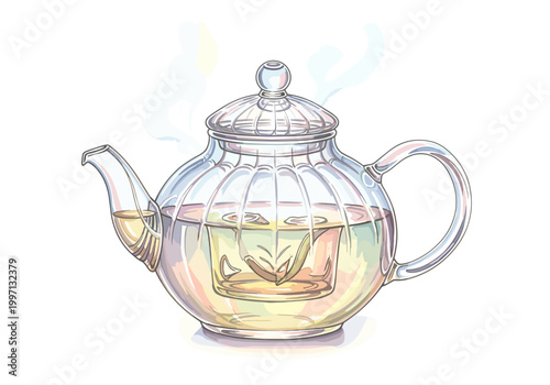 Clear glass teapot filled with steaming herbal tea and a tea infuser