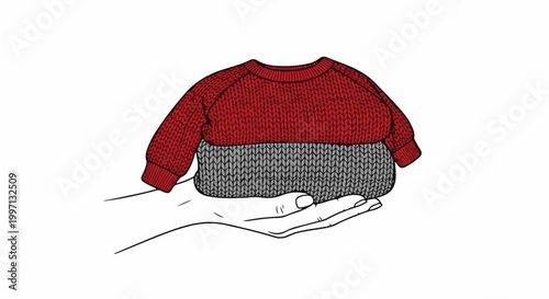 A hand holds a red and gray knitted sweater, implying warmth or gifting