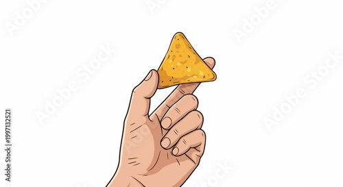 A hand holds a triangular, seasoned corn chip against a white background