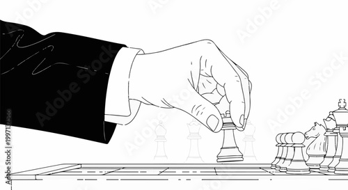 A hand in a suit moves a king piece on a chess board, strategy