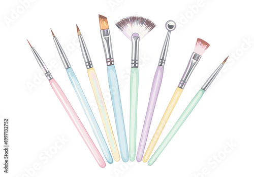Collection of diverse makeup brushes with pastel handles arranged in a fan shape