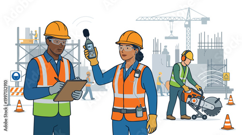 Diverse construction workers conducting noise level measurements and safety inspections on a busy building site ensuring workplace health and safety standards