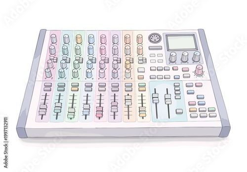 Colorful audio mixing console with faders, knobs, and a digital screen