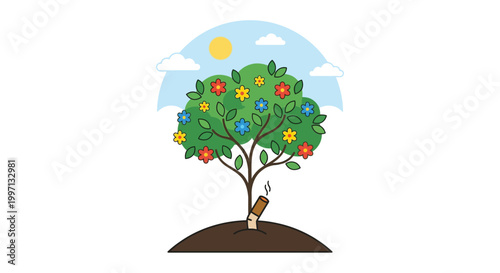 tree growing from cigarette butt with colorful flowers