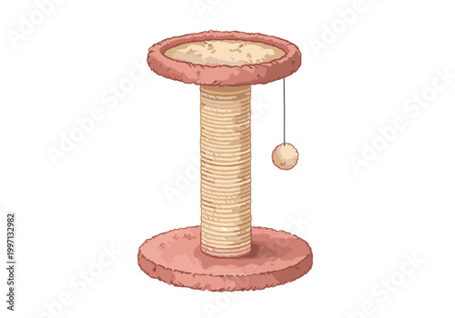 Cute cat scratching post with a dangling toy ball and plush platforms