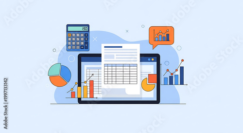 Business data analysis on a laptop with graphs and calculator nearby