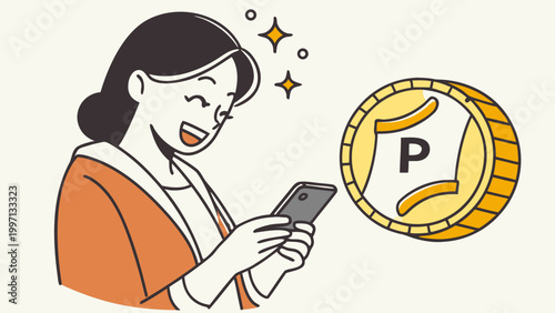 Happy woman using smartphone to earn reward points illustration