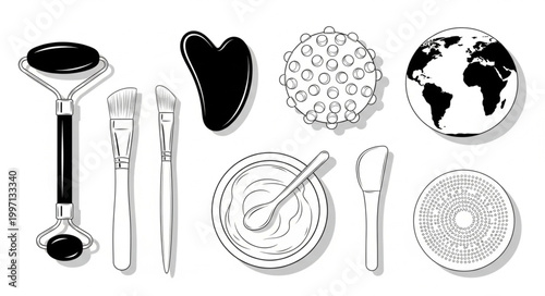 Collection of beauty and wellness tools and products.