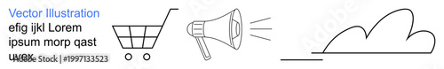 E-commerce, digital marketing, communication, cloud technology, online services, data storage. Minimalist cart, megaphone with sound lines cloud symbol. E-commerce and digital marketing concept
