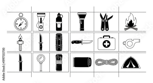Collection of camping and survival gear icons in a grid layout.