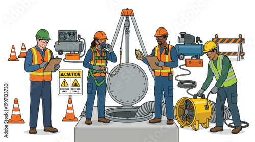 Diverse industrial workers performing confined space entry with essential safety equipment and ventilation system ensuring workplace safety