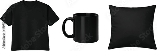 Black product mockup set including a blank t shirt ceramic mug and square pillow isolated on white background for custom branding apparel and home decor merchandise presentation