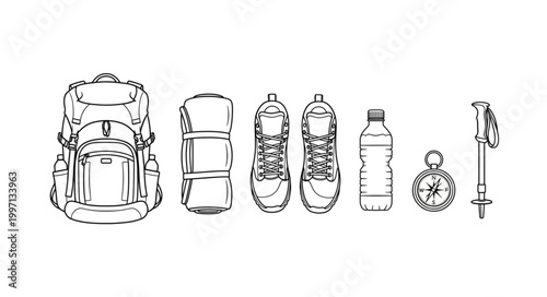 Hiking and camping gear laid out for an adventure.