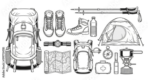 Outdoor adventure camping gear and hiking equipment illustration.