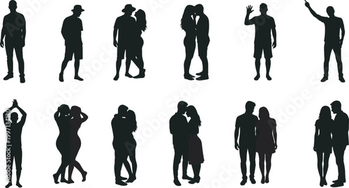 People silhouette collection, men and women standing, walking, hugging, kissing poses, social interaction, human figures set