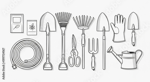 Collection of Garden Tools and Supplies for Planting.