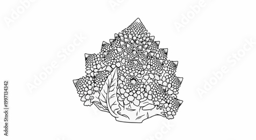 A detailed sketch of a Romanesco broccoli shows its fractal-like, conical florets