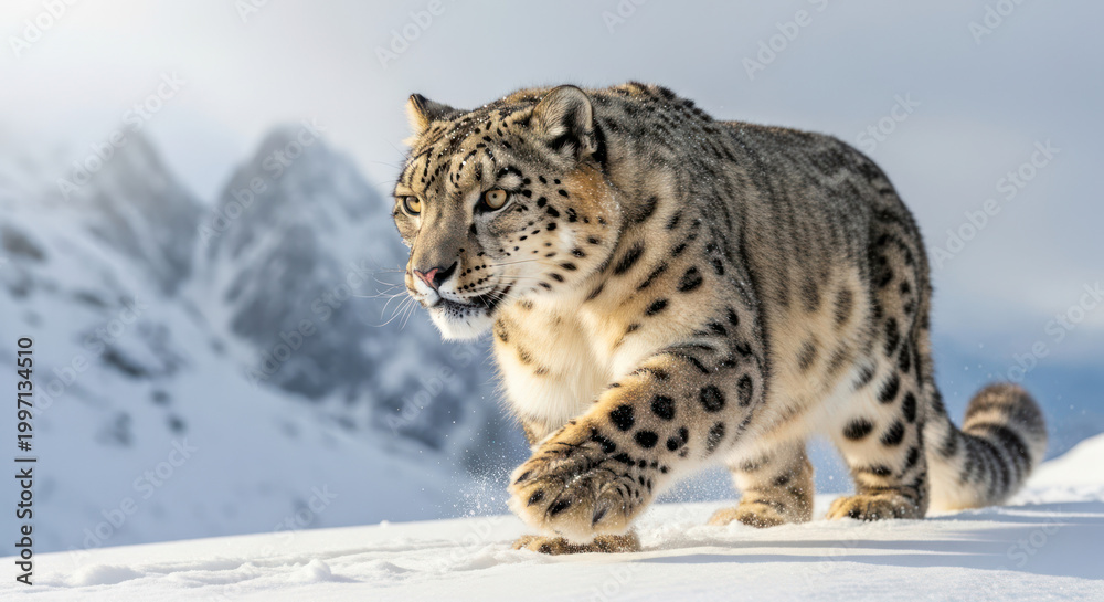 Fototapeta premium Snow Leopard Walking in the Mountains During Winter Season