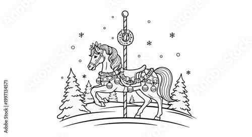 A festive carousel horse decorated with garlands and ornaments in a winter setting
