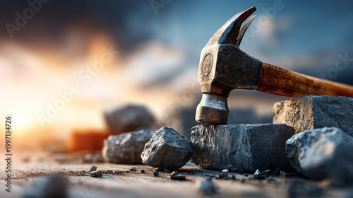 Hammer on Rocks at Construction Site During Beautiful Sunset