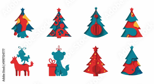 A festive collection of paper-cut Christmas trees in red, blue, and yellow