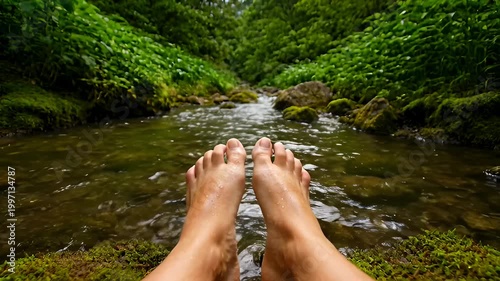 Person's Bare Feet Dangling Above a Refreshing Stream in a Lush Green Jungle Environment
