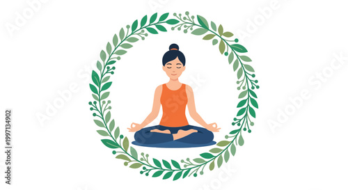woman meditating in lotus pose with green wreath