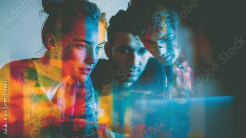 Collaborative Insight: Three individuals are deeply engrossed, sharing a focused gaze at a laptop screen, immersed in a moment of teamwork, innovation, and knowledge. 