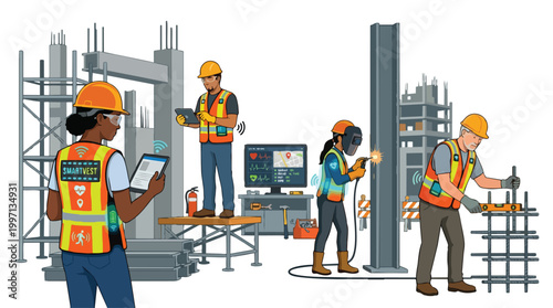 Diverse construction workers using smart vests and digital tablets for enhanced safety and efficiency on a modern industrial building site