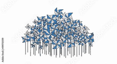 A field of blue and white pinwheels stand on thin poles