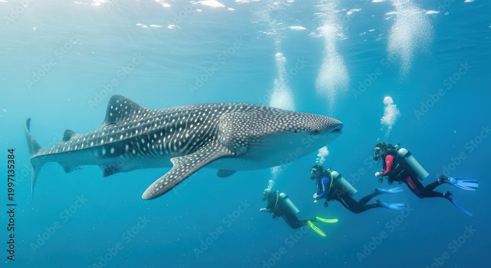 Fototapeta premium Whale Shark Swims Slowly in Clear Blue Ocean with Scuba Divers