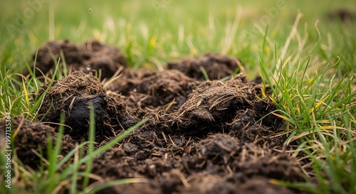 Close Up of Fresh Organic Soil Clods on Green Grass Lawn