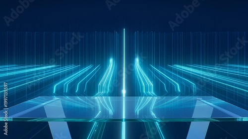 Abstract Blue Digital Light Lines Flowing Upwards Over Reflective Glass Surface