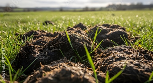 Close-up of animal manure on a lush green field at sunrise, natural organic fertilizer in sustainable agriculture