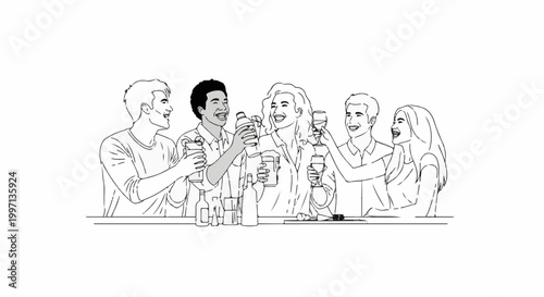 A diverse group of friends cheerfully toasting drinks at a bar