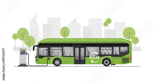 Green electric bus charging at a charging station in a modern city with trees