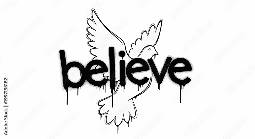 Obraz premium A dove with outstretched wings flies above dripping text spelling 