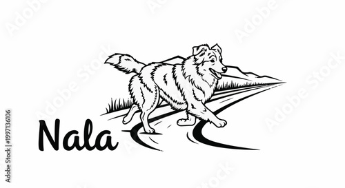 A dog runs on a road towards a mountain landscape, with grass and sky