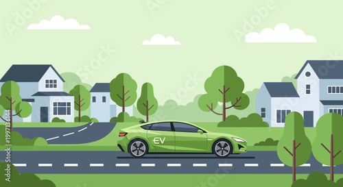 Green electric car driving through a suburban neighborhood with houses and trees.