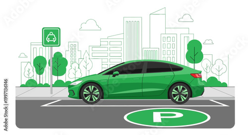Green electric car parked in a city parking spot with charging station sign