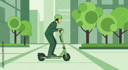 Green Electric Scooter Rider in City Park with Trees and Buildings